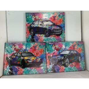 New Colorful Abstract Car Canvas Art Prints Set Of 3 - 16x12 Inches Each